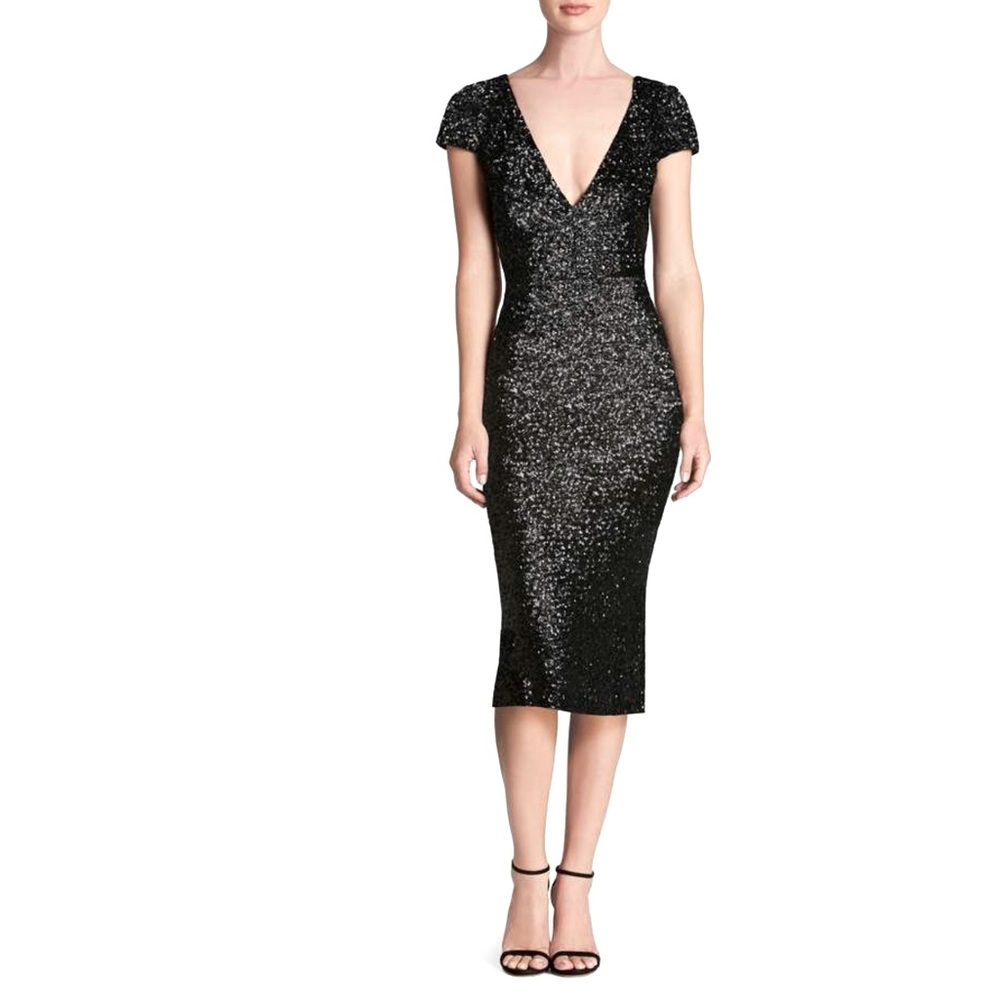 Dress the Population Women’s Allison Midi Sheath Dress Plunging V-neck S…
